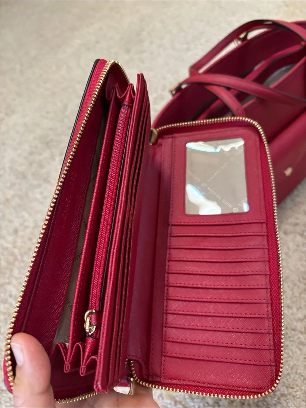 Michael Kors Red Pebbled Leather Zip-Around Wallet with Gold Logo